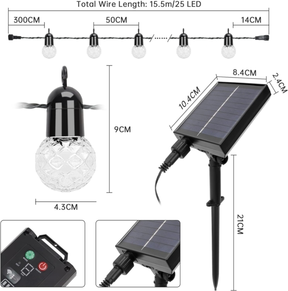 Aogled Solar Lichterkette Aussen,G40 Globe Lichterkette mit 15. 5M/25 LED Birnen,Warmweiß 2700K Solar Lichterketten mit Fernbedienung für Kommerzielle Innen-/Außendekoration Bild 5