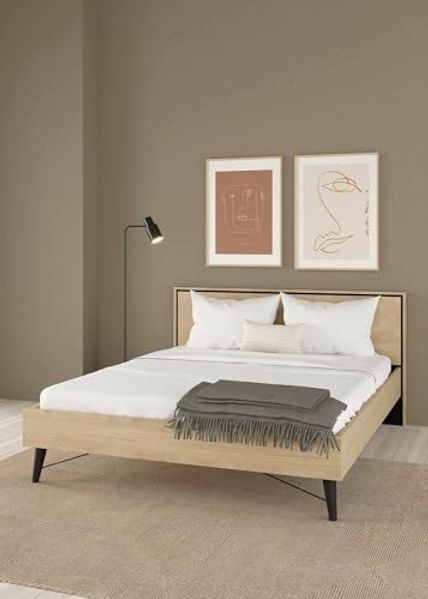 Dmora - Doppelbett Cariss, Struktur des Container-Betts, Sommier mit Verkleidung, Matratzenhalterstruktur, 207x173 h91 cm, helle Eiche