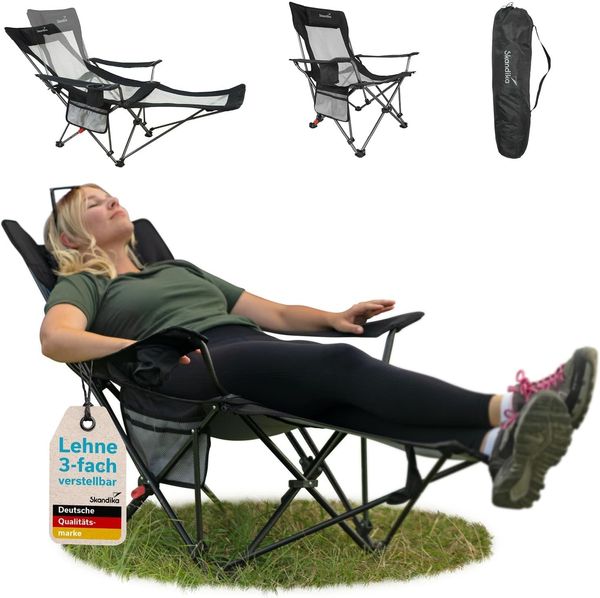 Skandika Campingstuhl Toras mit Fußablage, Faltbarer Liegestuhl, Klappsessel, Gartenstuhl, Liegefunktion, verstellbare Rückenlehne, Getränkehalter, Kopfkissen