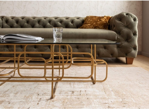 Kare Design Couchtisch Meander Gold, Sofatisch, rechteckiger Beistelltisch, Wohnzimmer, Ablagetisch, Tischplatte aus Sicherheitsglas, Glastisch, 36 x 140 x 80 cm Bild 7