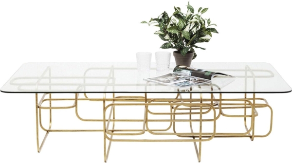Kare Design Couchtisch Meander Gold, Sofatisch, rechteckiger Beistelltisch, Wohnzimmer, Ablagetisch, Tischplatte aus Sicherheitsglas, Glastisch, 36 x 140 x 80 cm Bild 1