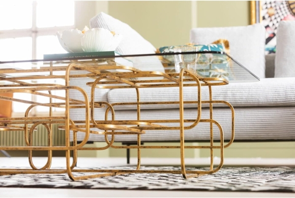 Kare Design Couchtisch Meander Gold, Sofatisch, rechteckiger Beistelltisch, Wohnzimmer, Ablagetisch, Tischplatte aus Sicherheitsglas, Glastisch, 36 x 140 x 80 cm Bild 6