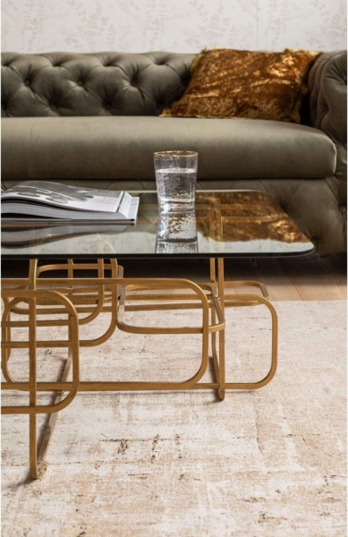 Kare Design Couchtisch Meander Gold, Sofatisch, rechteckiger Beistelltisch, Wohnzimmer, Ablagetisch, Tischplatte aus Sicherheitsglas, Glastisch, 36 x 140 x 80 cm Bild 9