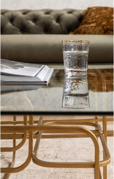 Kare Design Couchtisch Meander Gold, Sofatisch, rechteckiger Beistelltisch, Wohnzimmer, Ablagetisch, Tischplatte aus Sicherheitsglas, Glastisch, 36 x 140 x 80 cm Bild 8
