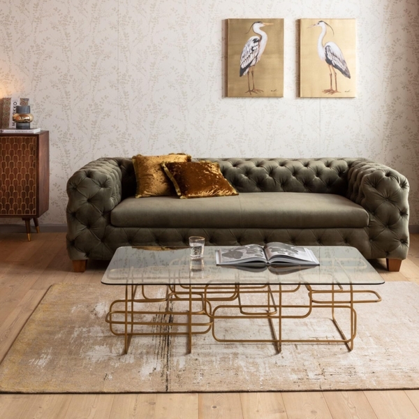 Kare Design Couchtisch Meander Gold, Sofatisch, rechteckiger Beistelltisch, Wohnzimmer, Ablagetisch, Tischplatte aus Sicherheitsglas, Glastisch, 36 x 140 x 80 cm Bild 2