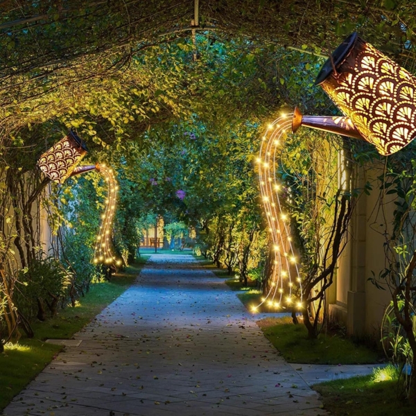 LQWELL LED Solarleuchte Solar Gießkanne mit Wasserfall Lichterkette Lampe, 2 Stück Jahrgang Solar Lanterne Garten Lampe, Warmweiß, für Hof, Path Rasen, Wege, Terrasse, Yard Deko