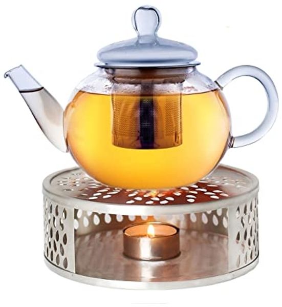 Creano Teekanne Creano Teekanne aus Glas 0,8l + ein Stövchen aus Edelstahl, 3-teilige, (Set, 4-St)