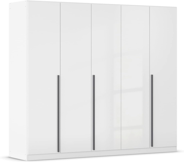 rauch Kleiderschrank Alba, Drehtürenschrank, Garderobenschrank, 5-türig, mit 4 Kleiderstangen, 5 Einlegeböden und Schubladeneinsatz, Farbe Hochglanz Weiß/Weiß, Griffstange Grau metallic, Schwarz, 226x197x54cm