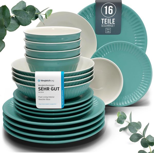 Steingut Geschirrset 4 Personen Hygge 16 tlg. TESTSIEGER, Traumhaftes Skandinavisches Steingut Geschirr Set, Schüssel- und Teller Set, Tafelservice 4 Personen, Geschirrsets Pure Living in Petrol