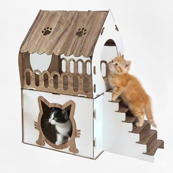 Jungengel Tierbett XL Katzenhaus Katzenhäuschen Katzenhütte Stecksystem Katzenbett, 2-Stöckiges Katzenhaus, Robust, Werkzeugfreie Montage