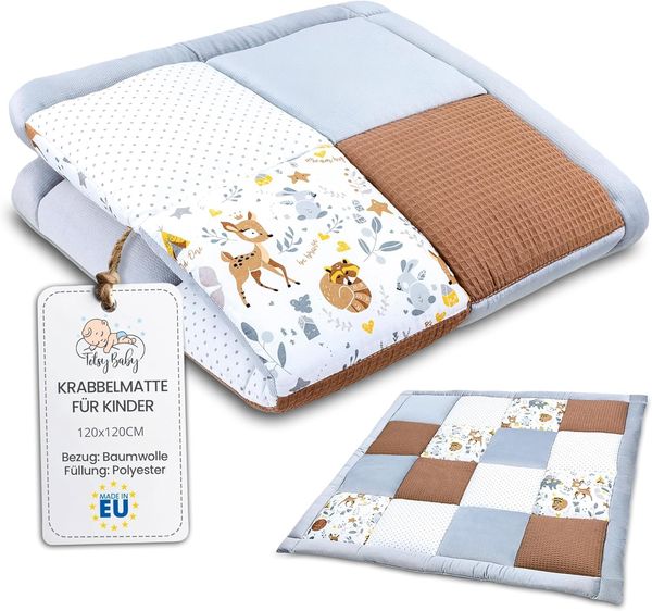 Baby Krabbeldecke Velvet spieldecke 120x120 cm - PATCHWORK Laufgittereinlage Baumwolle mit Velvet und Waffelpique Hirsch
