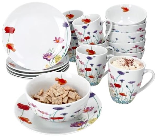 MamboCat Frühstücks-Geschirrset 12tlg Frühstücksset Marie Porzellan 6 Personen Teller Becher Schale, Porzellan