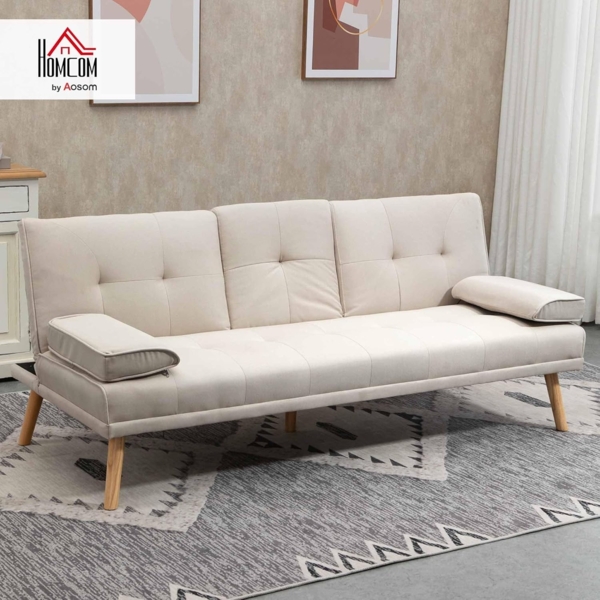 HOMCOM Schlafsofa Dreisitzer mit Bettfunktion, Einzelbett mit Kissen, Bettsofa 1 Teile, für Wohnzimmer, Beige Bild 2