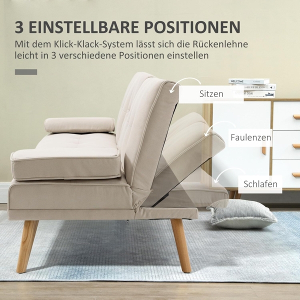 HOMCOM Schlafsofa Dreisitzer mit Bettfunktion, Einzelbett mit Kissen, Bettsofa 1 Teile, für Wohnzimmer, Beige Bild 5