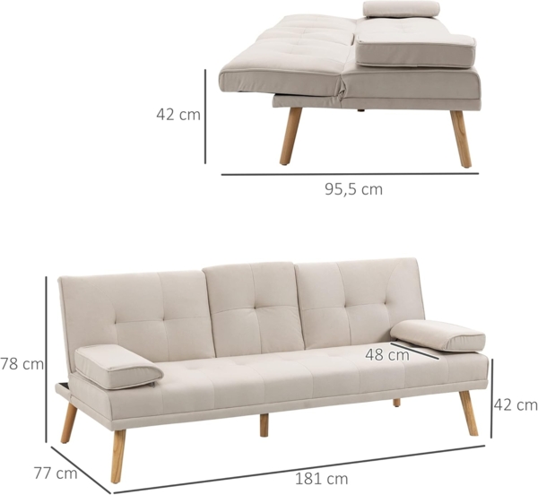 HOMCOM Schlafsofa Dreisitzer mit Bettfunktion, Einzelbett mit Kissen, Bettsofa 1 Teile, für Wohnzimmer, Beige Bild 3