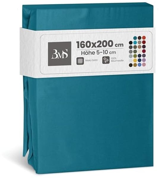 Bettwaesche-mit-Stil Mako-Satin Spannbettlaken petrol blau 160x200cm Höhe 5-10cm