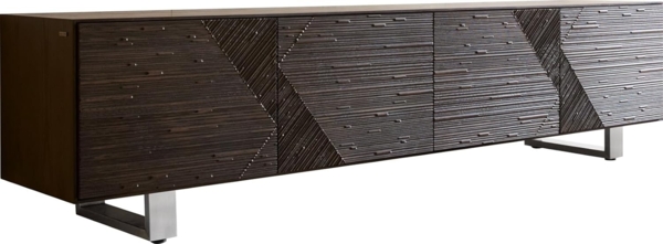 Lowboard Tereos 220 cm Esche Dunkelbraun 3D Effekt 4 Türen Kufe Edelstahl gebürstet
