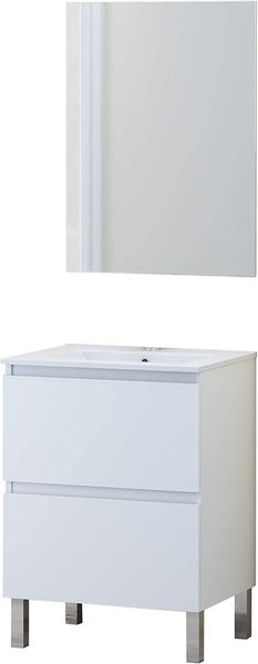 Baikal Badezimmermöbel-Set mit Waschbecken und Spiegel, mit Füßen, in verschiedenen Ausführungen, Melamin 16, Tür + Schublade, 60 cm, Weiß