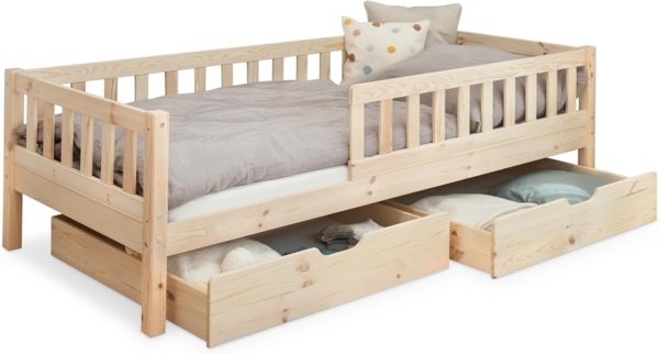 Ehrenkind Kinderbett mit Rausfallschutz aus massivem Kieferholz, Kinderbett 90x200 cm (zeitlos, hochwertig und auch für ältere Kinder geeignet, aus FSC zertifiziertem Holz), Jugendbett, Kinderbett mit Rausfallschutz