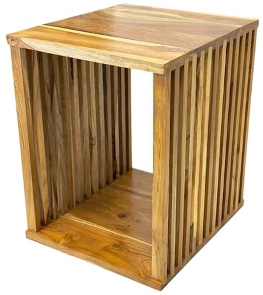 FaHome Beistelltisch Handgefertigt Teakholz - Massivholz - (Holzleisten an den Seiten - Würfel), Natur in Modernem Design - Blumenhocker –