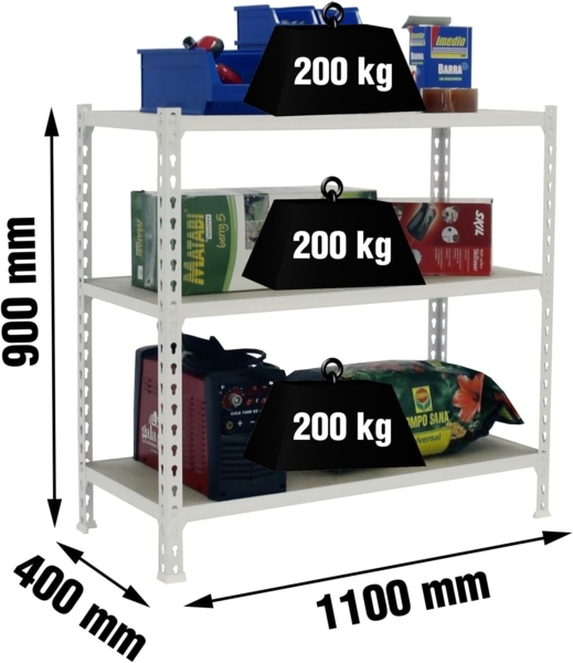 Simonrack Schwerlastregal, Lagerregal, 90x110x40 cm, Metallregal, Kellerregal, Biegestelle 200 kg, 3 Holzfachböden, Weiss/Holz - Maderclick Bild 2