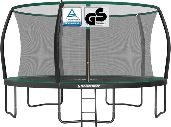 Songmics Trampolin mit Leiter, Sicherheitsnetz und gepolsterten Stangen, Stahl dunkelgrün, Ø 427 cm