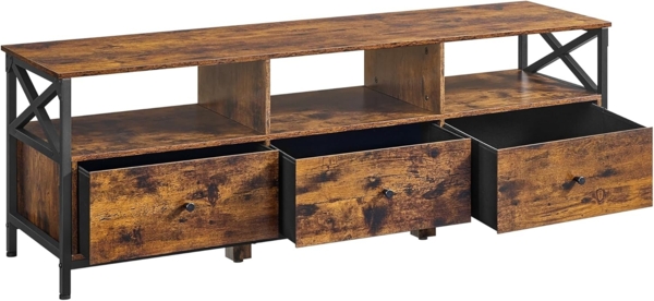 VASAGLE TV-Schrank, Lowboard für Fernseher bis zu 65 Zoll, Fernsehtisch mit 3 Stoffschubladen, 3 offenen Fächern, 147 x 40 x 50 cm, Wohnzimmer, Stahlgestell, vintagebraun-schwarz LTV304KD01