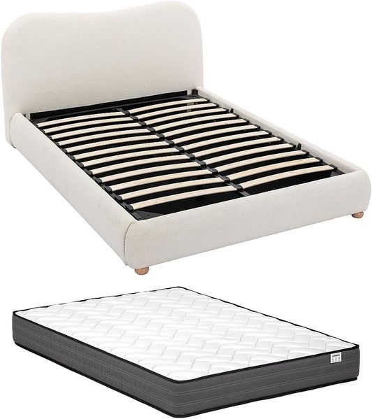 Vente-unique - VANARI Bett Stoff Weiß - B 215 cm x H 95 cm x L 141 cm