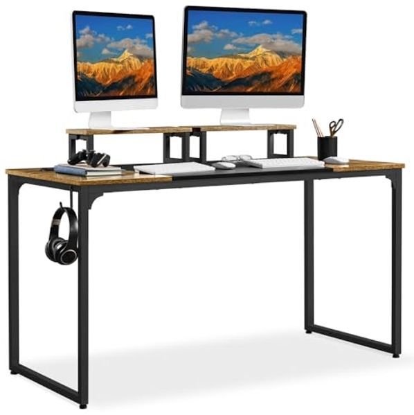 Yaheetech Schreibtisch Computertisch, Arbeitstisch Lerntisch mit 2 Motorhalterung/2 Kabeldurchführungen/1 Kopfhörerhaken, 140 × 60 × 89,5 cm, Rustikales Braun