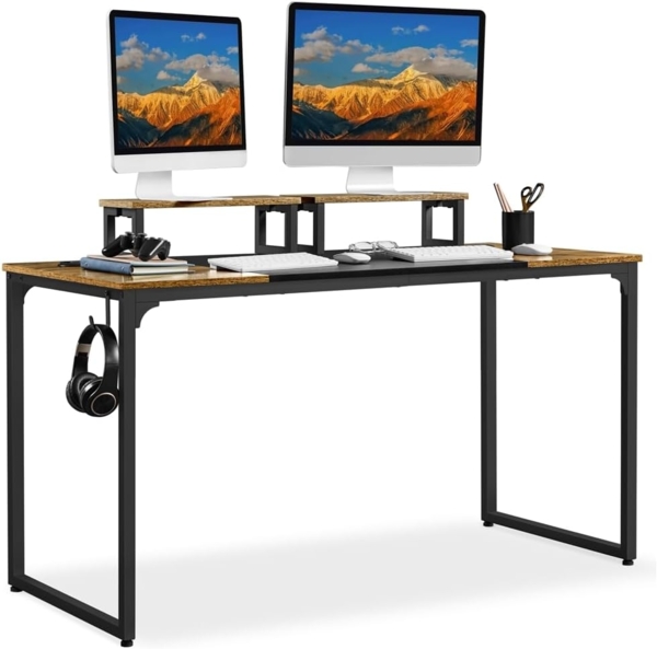 Yaheetech Schreibtisch Computertisch, Arbeitstisch Lerntisch mit 2 Motorhalterung/2 Kabeldurchführungen/1 Kopfhörerhaken, 140 × 60 × 89,5 cm, Rustikales Braun