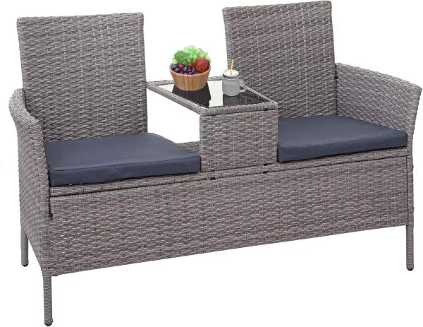 Poly-Rattan Sitzbank mit Tisch HWC-E24, Gartenbank Sitzgruppe Gartensofa, 132cm ~ grau, Kissen dunkelgrau