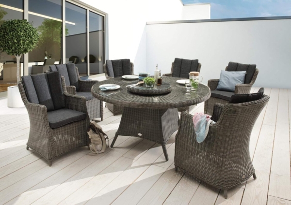Destiny Garten-Essgruppe LUNA, (19-tlg, 6x Sessel, 1x Tisch, 1x Drehteller, inkl. Auflagen), Aluminium, Polyrattan