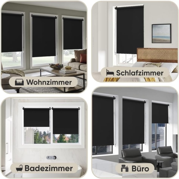 Sekey Verdunklungsrollo ohne Bohren Klemmfix 60 cm breit, Seitenzugrollo Hitzeschutz Sichtschutz und Sonnenschutz Wandmontage Deckenmontage Klemmrollo für Fenster & Tür, 60x210 cm, Schwarz Bild 7