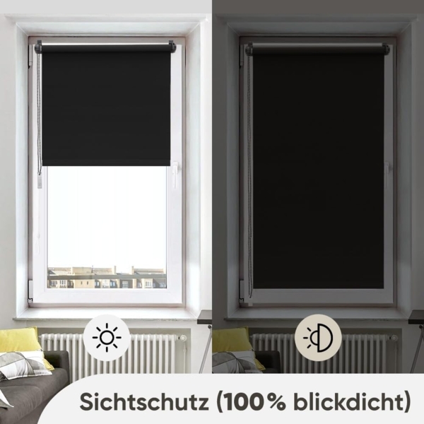Sekey Verdunklungsrollo ohne Bohren Klemmfix 60 cm breit, Seitenzugrollo Hitzeschutz Sichtschutz und Sonnenschutz Wandmontage Deckenmontage Klemmrollo für Fenster & Tür, 60x210 cm, Schwarz Bild 3