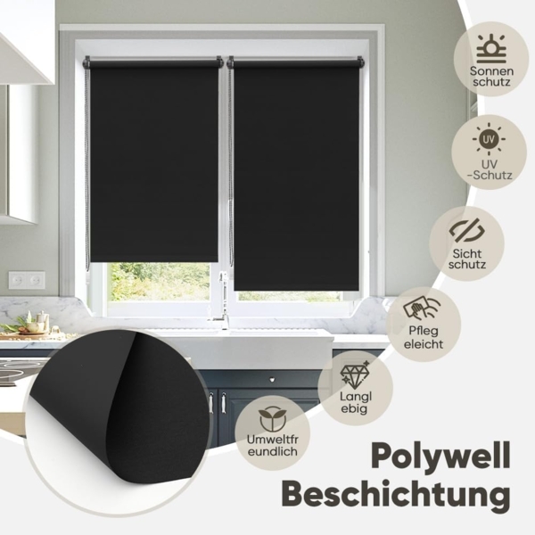 Sekey Verdunklungsrollo ohne Bohren Klemmfix 60 cm breit, Seitenzugrollo Hitzeschutz Sichtschutz und Sonnenschutz Wandmontage Deckenmontage Klemmrollo für Fenster & Tür, 60x210 cm, Schwarz Bild 2