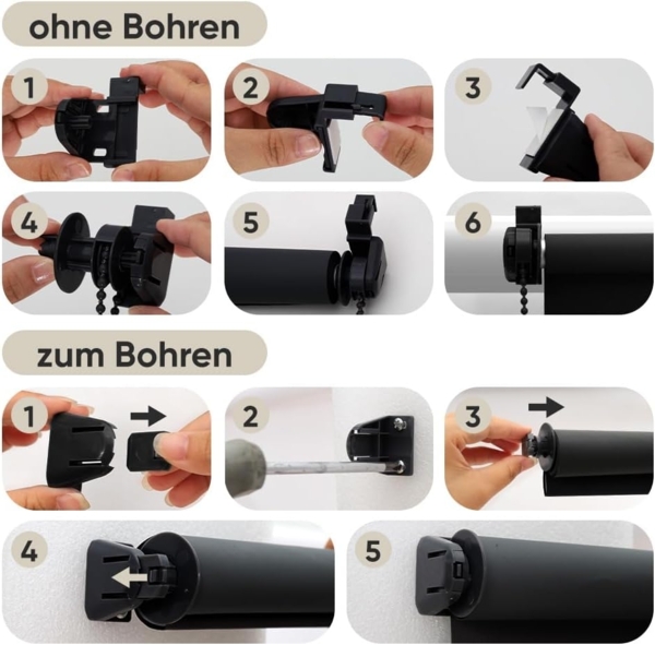 Sekey Verdunklungsrollo ohne Bohren Klemmfix 60 cm breit, Seitenzugrollo Hitzeschutz Sichtschutz und Sonnenschutz Wandmontage Deckenmontage Klemmrollo für Fenster & Tür, 60x210 cm, Schwarz Bild 8