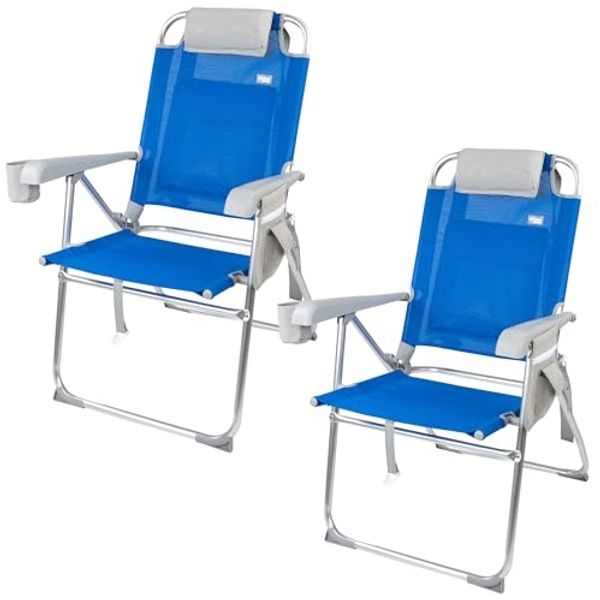 AKTIVE 2er-Pack klappbare Strandstühle, 47 x 63 x 99 cm, 8 Positionen, Blau, Tragkraft 110 kg, Inklusive Kissen, Getränkehalter, Taschen, Tragegriffe, Kippschutz, Textilene-Gewebe (85482)