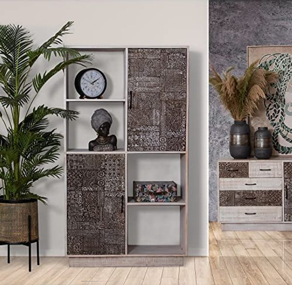 DRW Bücherregal mit 2 Türen und 2 Holzregalen in Natur, Weiß und Braun 100 x 40 x 180 cm