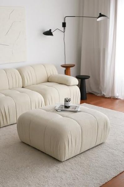 Atelier Del Sofa Stylish White Pouffe, 89 x 43 x 89 cm, 100% Teddy Fabric, Plastic Legs | Soft & Cozy Seating for Modern Living Rooms & Bedrooms, Versatile Design
