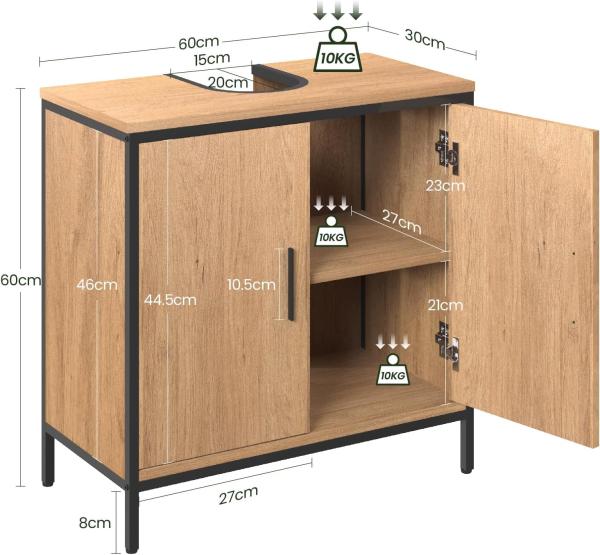 EUGAD Waschbeckenunterschrank 60 x 60 x 30 cm, Badezimmerschrank mit höhenverstellbarer Trennwand, Kleiner Schrank im Badezimmer, Badschrank aus Holzwerkstoff Metall, Schwarz Bild 3