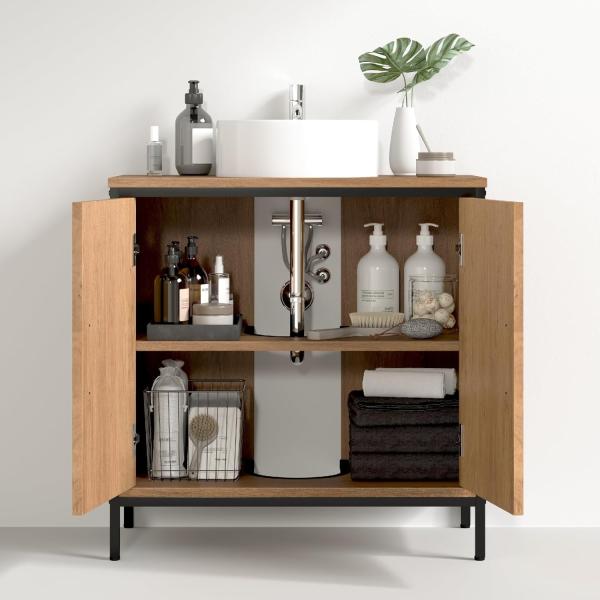 EUGAD Waschbeckenunterschrank 60 x 60 x 30 cm, Badezimmerschrank mit höhenverstellbarer Trennwand, Kleiner Schrank im Badezimmer, Badschrank aus Holzwerkstoff Metall, Schwarz Bild 6