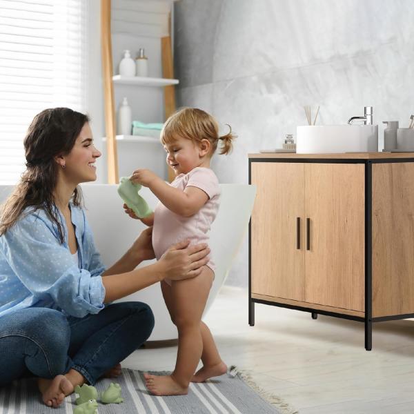 EUGAD Waschbeckenunterschrank 60 x 60 x 30 cm, Badezimmerschrank mit höhenverstellbarer Trennwand, Kleiner Schrank im Badezimmer, Badschrank aus Holzwerkstoff Metall, Schwarz Bild 9