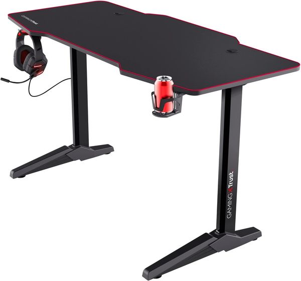 Trust XL Gaming Tisch (140x66 cm) GXT 1175 Imperius - Computer Tisch in Desk-Größe, Headset und Becherhalter, Kabelmanagementsystem, PC Schreibtisch - Schwarz