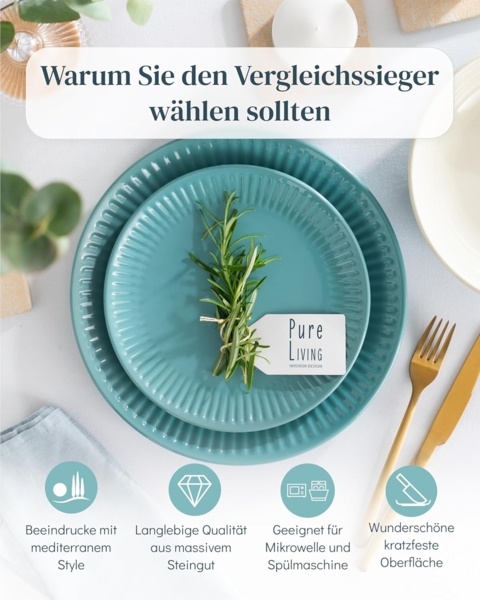 Steingut Geschirrset 12 Personen Hygge 36 tlg. TESTSIEGER, Traumhaftes Skandinavisches Steingut Geschirr Set, Schüssel- und Teller Set, Tafelservice 12 Personen, Geschirrsets Pure Living in Petrol Bild 2