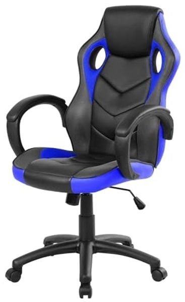 Dmora - Stuhl mit Rädern Caloundra, Gaming-Sessel für Erwachsene, Schreibtischstuhl, 66x61h104/114 cm, Schwarz und Blau