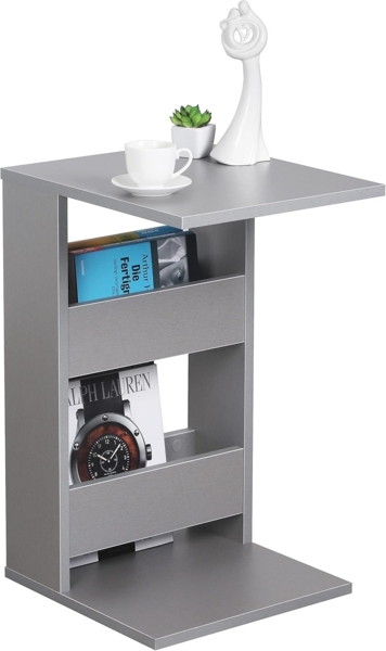 RICOO Kleiner Beistelltisch Holz 35 x 60 x 40 cm WM042-PL Couchtisch mit Stauraum Grau Wohnzimmertisch Kleiner Tisch Wohnzimmer Sofatisch Beistelltische C Form Konsolentisch