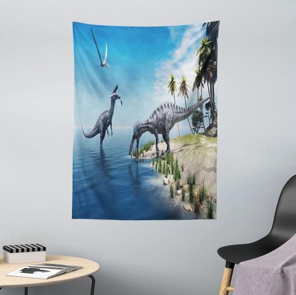 ABAKUHAUS Jura Wandteppich und Tagesdecke, Wild Suchomimus Dinosaur, aus Weiches Mikrofaser Stoff Wand Dekoration Für Schlafzimmer, 110 x 150 cm, Blau Grün Grau