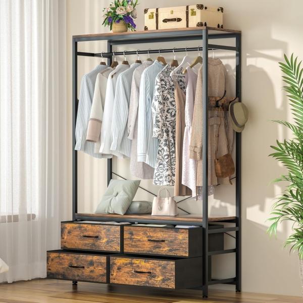 Yorbay Kleiderständer Garderobenständer Kleiderständer 100 x 40 x 180 cm, (Aus MDF und Stahl, mit Kleiderstange, Ablagen, 4 Schubladenboxen), Offener Kleiderschrank für Wohnzimmer, Schlafzimmer, Flur