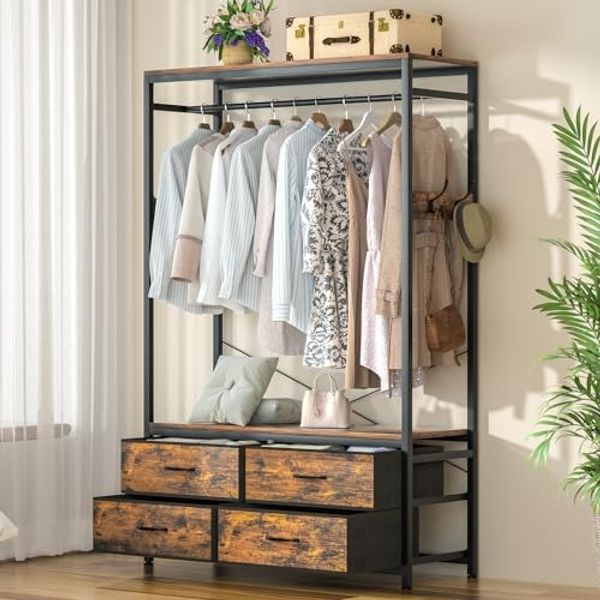 Yorbay Kleiderständer Garderobenständer Kleiderständer 100 x 40 x 180 cm, (Aus MDF und Stahl, mit Kleiderstange, Ablagen, 4 Schubladenboxen), Offener Kleiderschrank für Wohnzimmer, Schlafzimmer, Flur