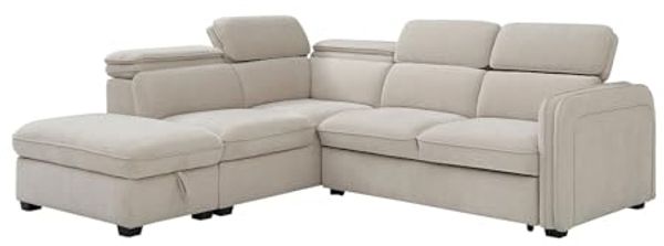 Vente-unique - Ecksofa mit Schlaffunktion und Hocker - Stoff - Beige - BALOTIA